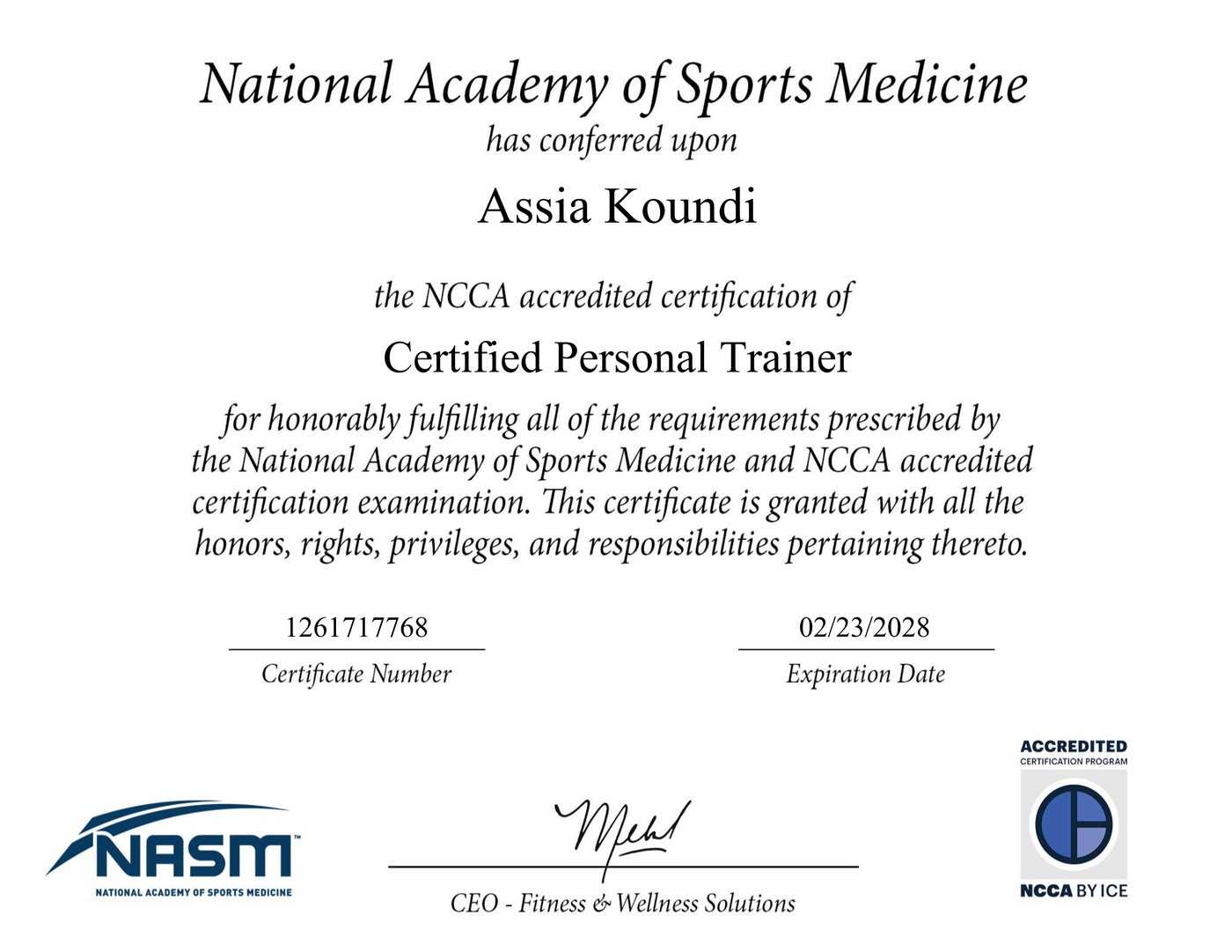 NASM Certified Personal Trainer certificate issued to Assia Koundi